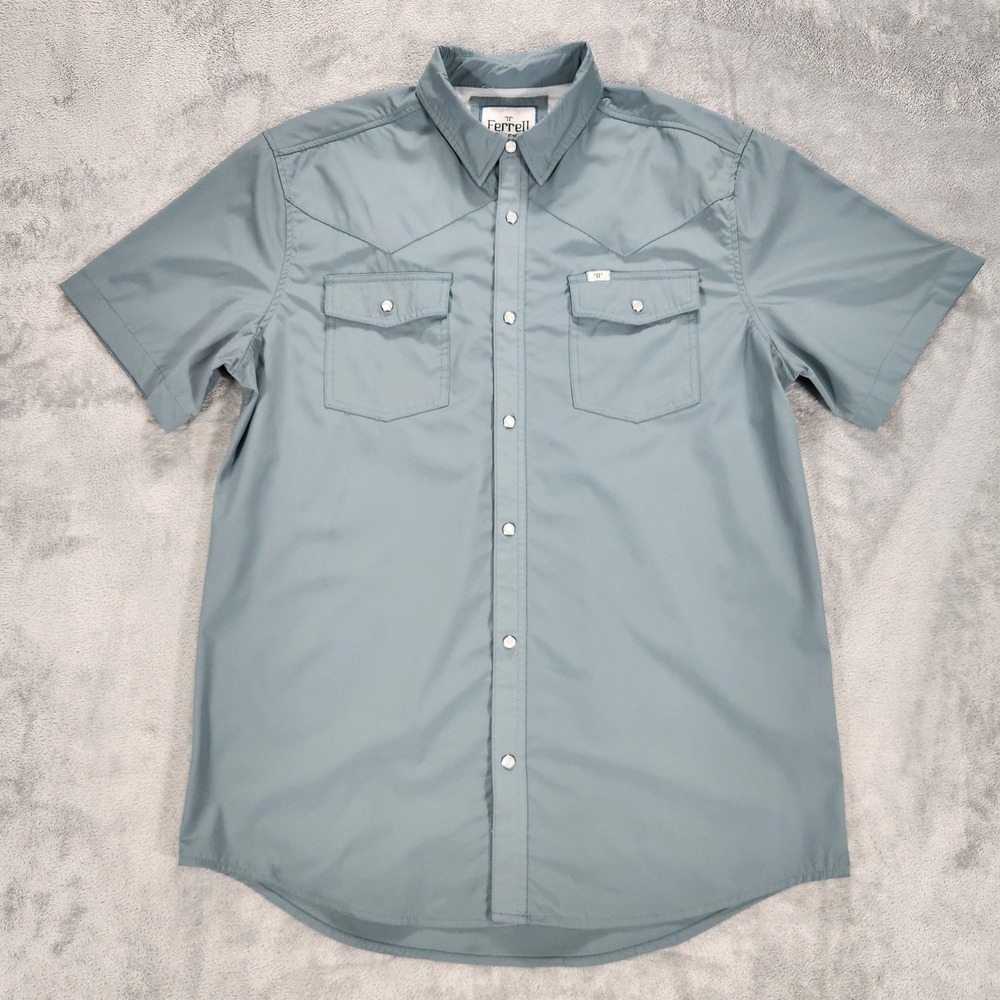 Ferrell Shirt Mens Large Green‎ Western Pearl Snap Front Short Sleeve Stretch